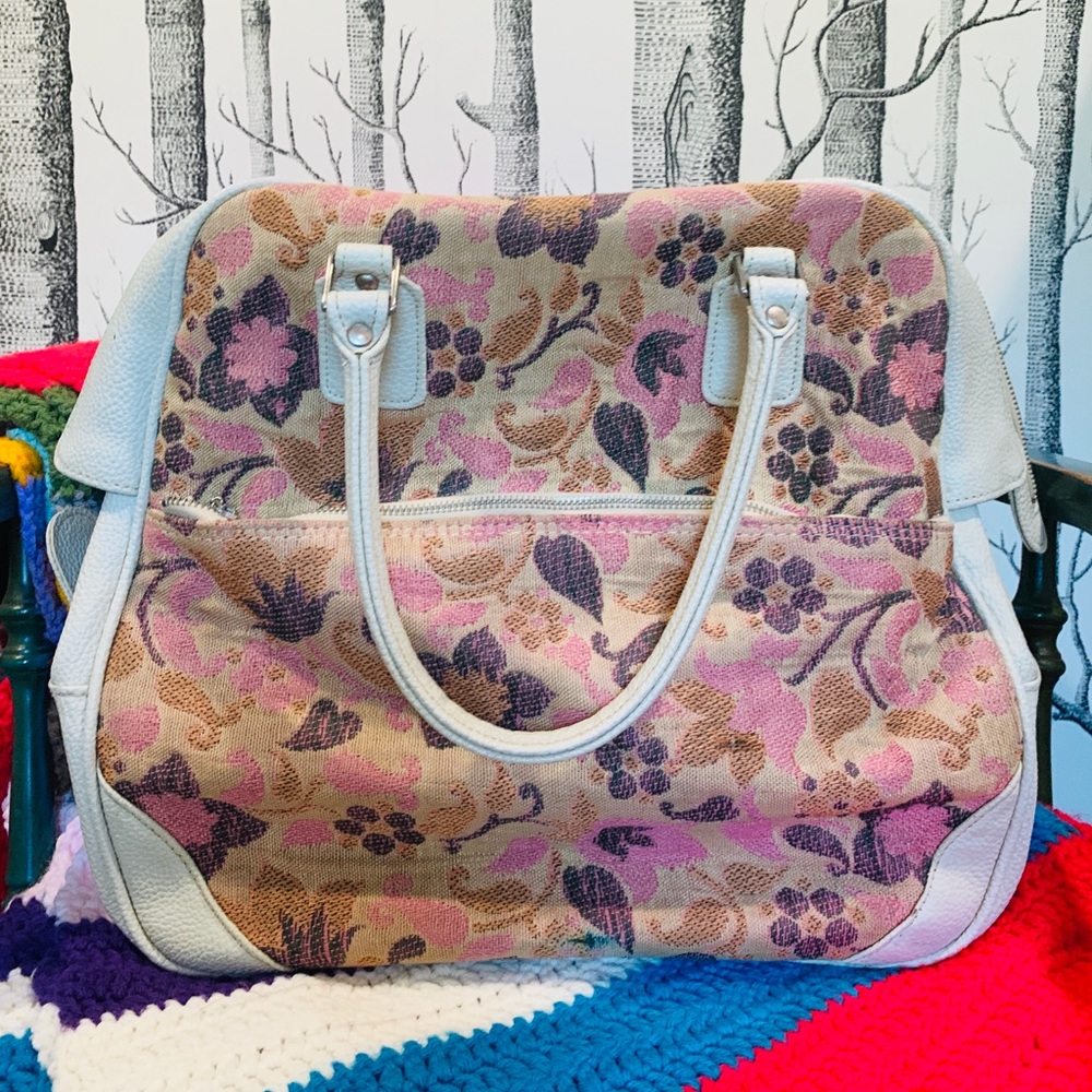 Vintage Pink Floral Tapestry Carpet Leather Bag